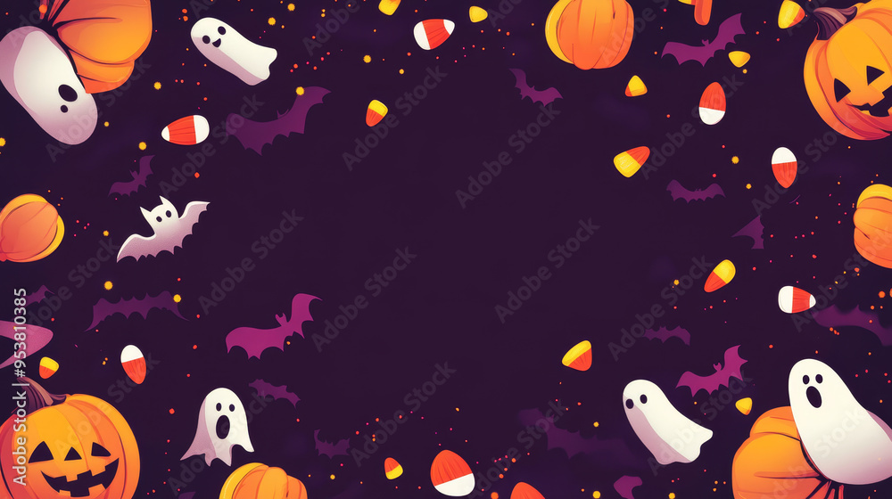 A Halloween themed background with ghosts, pumpkins, and candy A Halloween themed background with ghosts, pumpkins, and candy