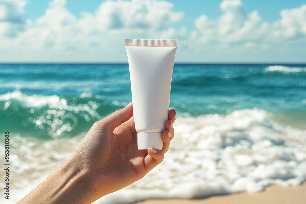 A Hand Holding a White Tube of Sunscreen Against a Beach Background