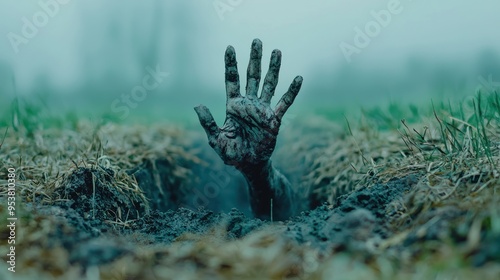 A zombie hand emerging from a freshly dug grave in a misty cemetery.