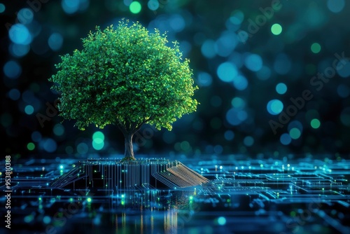 Tree growing on Circuit Digital Cube. Digital and Technology Convergence. Blue light and Wireframe network background. Green Computing, Green Technology, Green IT, with generative ai