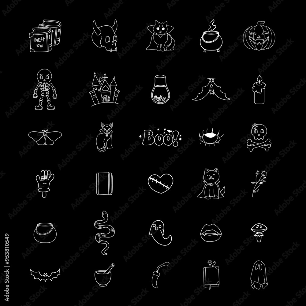 Groovy Halloween icon set in black and white, featuring minimalist spooky designs like skulls, cats, ghosts, bats, and potions with a retro aesthetic. Groovy Halloween icon set in black and white, featuring minimalist spooky designs like skulls, cats, ghosts, bats, and potions with a retro aesthetic.