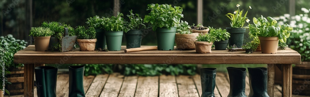 Gardening Tools Neatly Arranged on an Old Wooden Table Gardening Tools Neatly Arranged on an Old Wooden Table