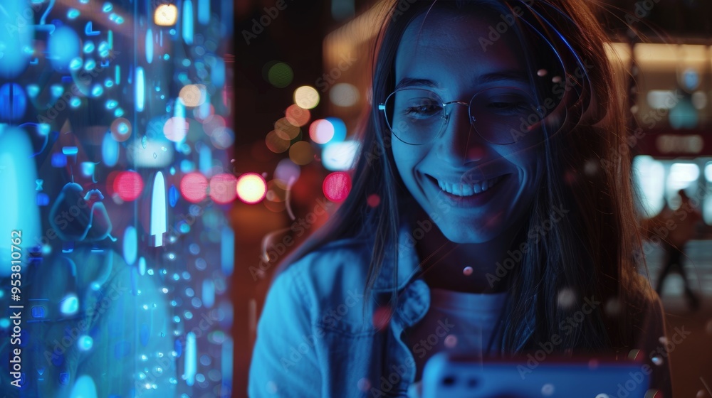 woman touching smartphone screen using smiley face emoticon with IoT internet of things and modern digital networking concept. people watching live video woman touching smartphone screen using smiley face emoticon with IoT internet of things and modern digital networking concept. people watching live video