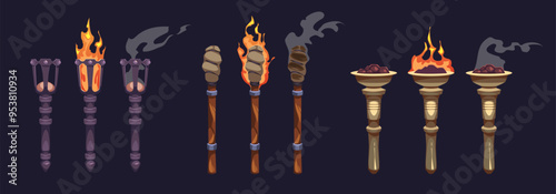 Burning torch. Fiery, smoldering and extinguished antique lighting fixtures, metal, wooden and stone shelves with fire, ancient castle lights cartoon flat style isolated tidy vector set