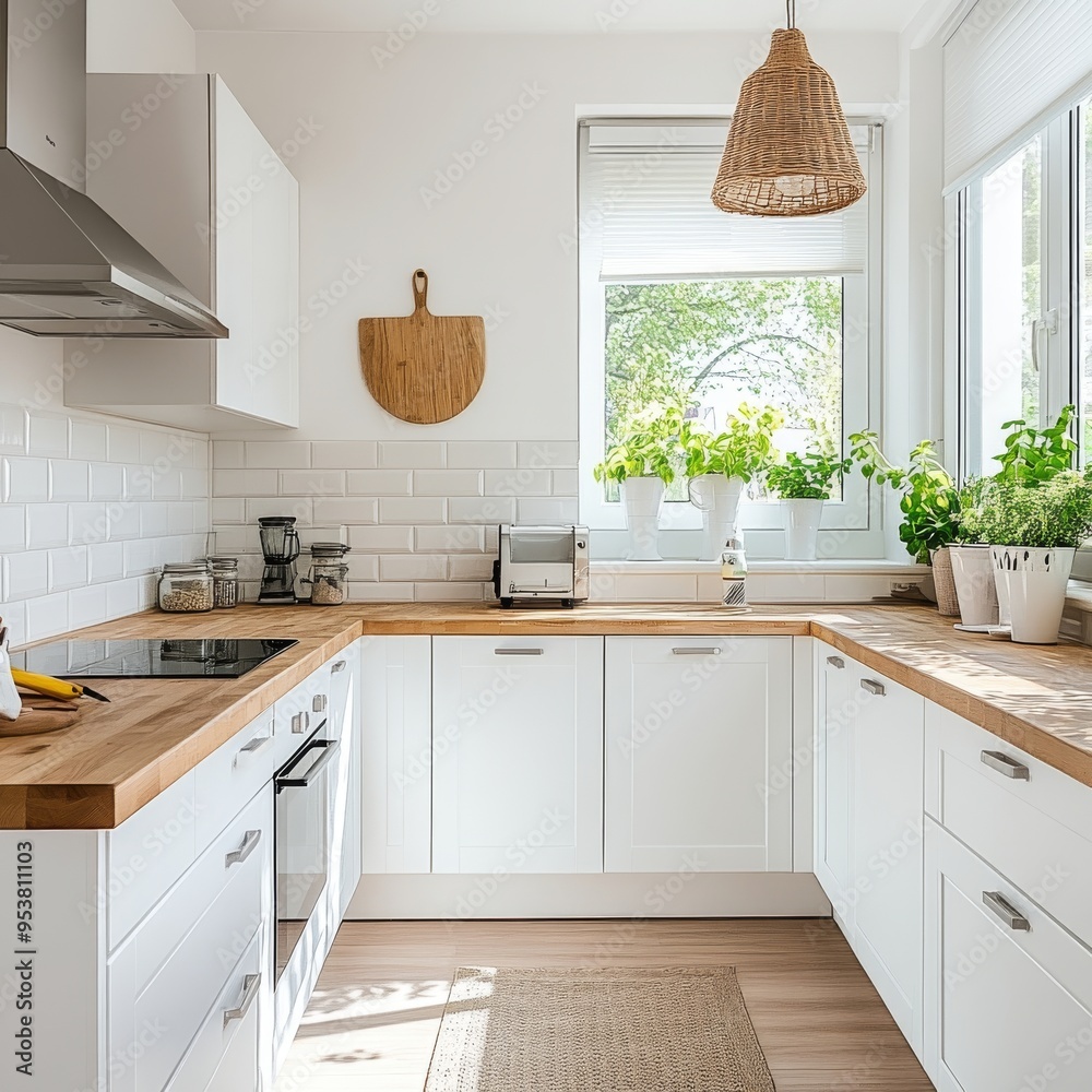 Fototapeta premium A kitchen with white cabinets and a wooden countertop 