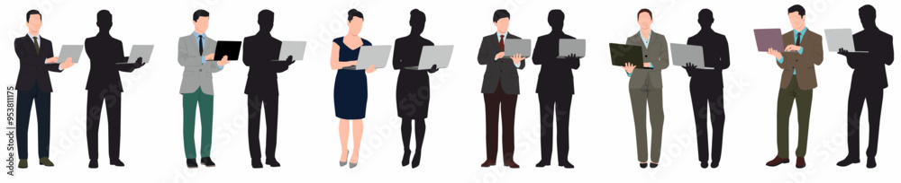 Business people working at laptop. Different men and women standing using laptop. Business people working at laptop. Different men and women standing using laptop.
