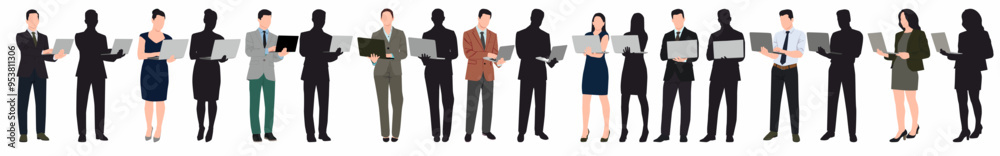 Business people working at laptop. Different men and women standing using laptop. Business people working at laptop. Different men and women standing using laptop.