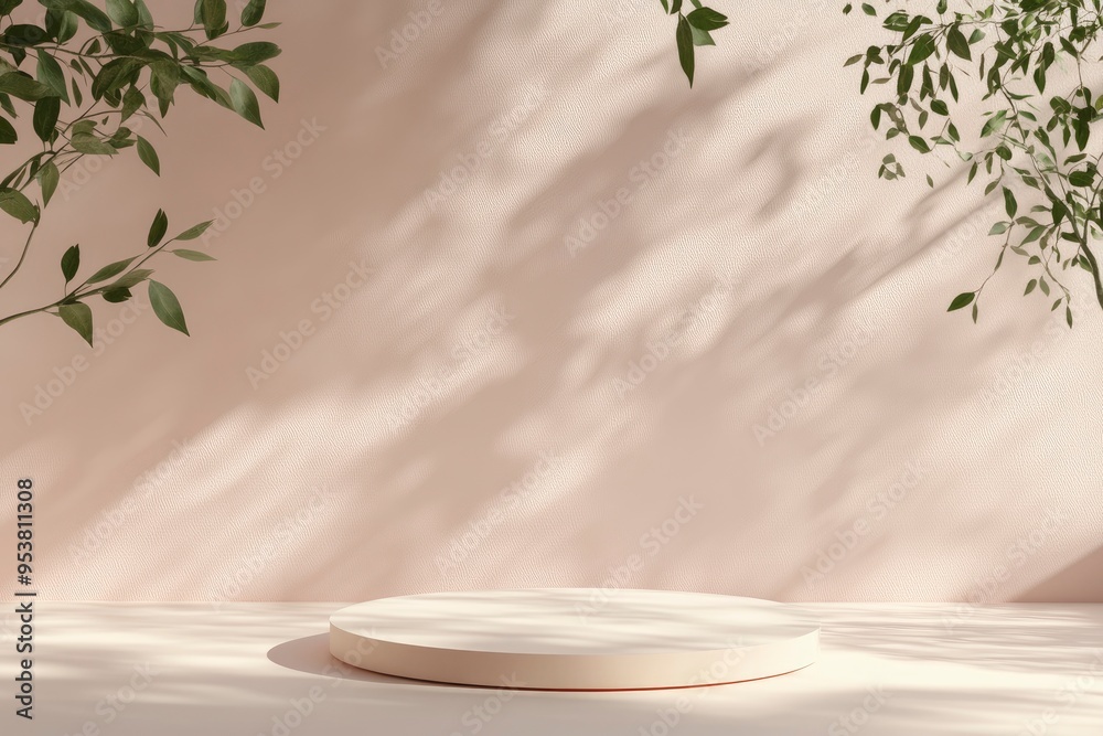 Unobtrusive botanical background with shadow on the wall - trend frame, cover, card, postcard. Exhibition Podium, stand, showcase on pastel light background for premium product , with generative ai Unobtrusive botanical background with shadow on the wall - trend frame, cover, card, postcard. Exhibition Podium, stand, showcase on pastel light background for premium product , with generative ai