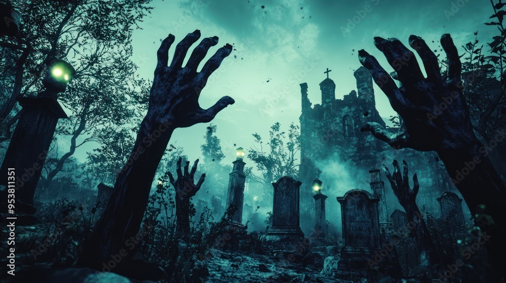 A dark, eerie graveyard with glowing eyes and zombie hands reaching out from multiple graves. A dark, eerie graveyard with glowing eyes and zombie hands reaching out from multiple graves.