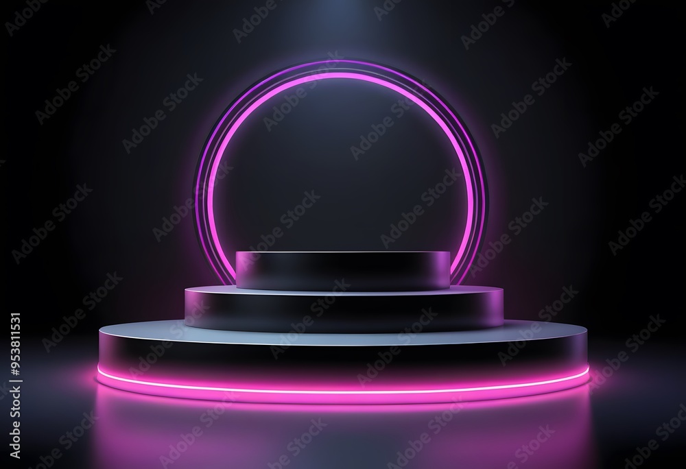Empty podium, platform with neon gradient rings in futuristic style. Scene with geometric blue-violet frame.
Empty podium, platform with neon gradient rings in futuristic style. Scene with geometric blue-violet frame.