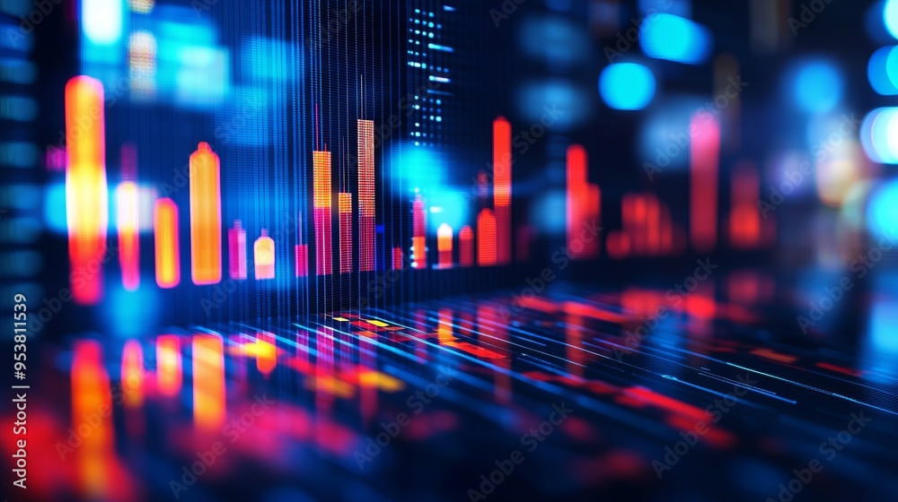 Vibrant data visualization with colorful bars and glowing lights, representing dynamic financial trends and analytics in a digital world. Vibrant data visualization with colorful bars and glowing lights, representing dynamic financial trends and analytics in a digital world.