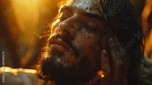 A divine moment where Jesus' hands glow with a radiant light as they touch the blind man's eyes, the light illuminating the entire scene, with a softly blurred, ethereal background,