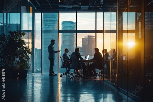 A business meeting is scheduled to take place during the stunning sunset in a sleek, modern office environment, fostering ambition, collaboration, and innovative ideas among professionals