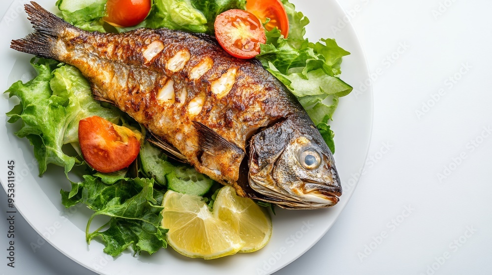 Freshly Fried Fish with Salad on a Plate, Healthy Meal Concept Generative AI Freshly Fried Fish with Salad on a Plate, Healthy Meal Concept Generative AI