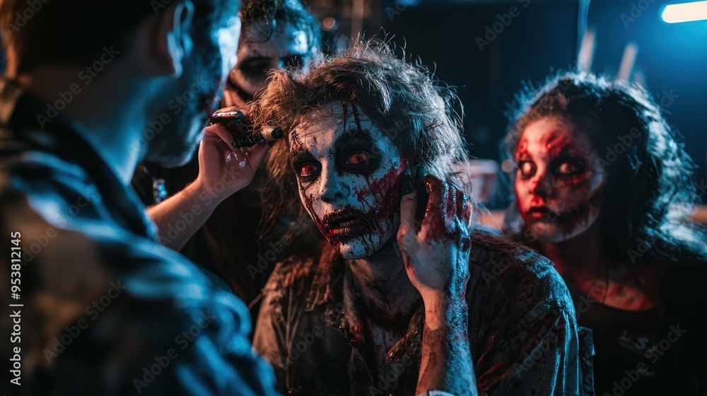 A group of friends getting ready for a zombie-themed event, applying zombie makeup together. A group of friends getting ready for a zombie-themed event, applying zombie makeup together.