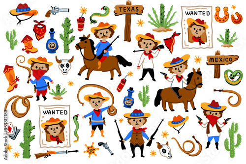 Set of cowboy characters, American Wild West Collection. For children room designs. Rodeo. Horses, skulls, snakes, wanted