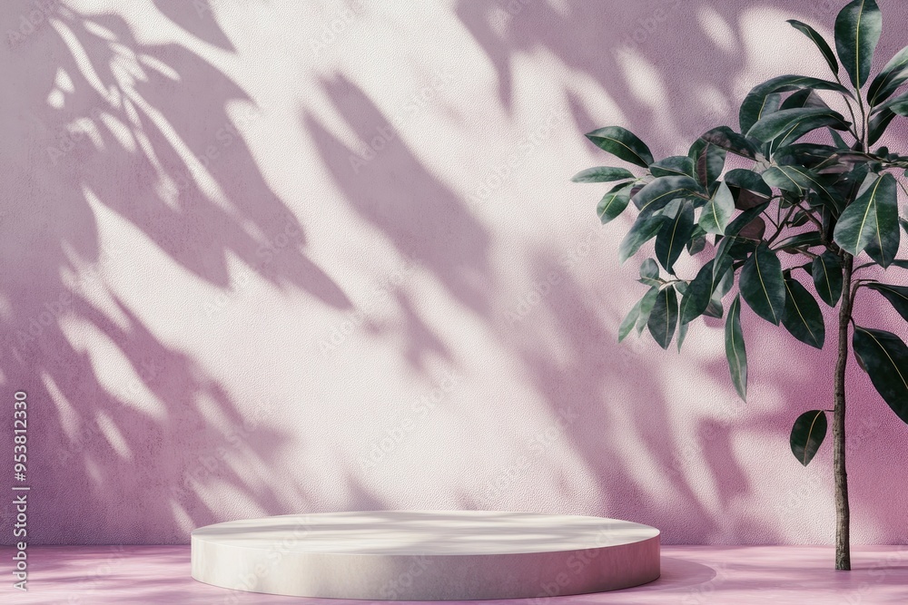 Unobtrusive botanical background with shadow on the wall - trend frame, cover, card, postcard. Exhibition Podium, stand, showcase on pastel light background for premium product , with generative ai