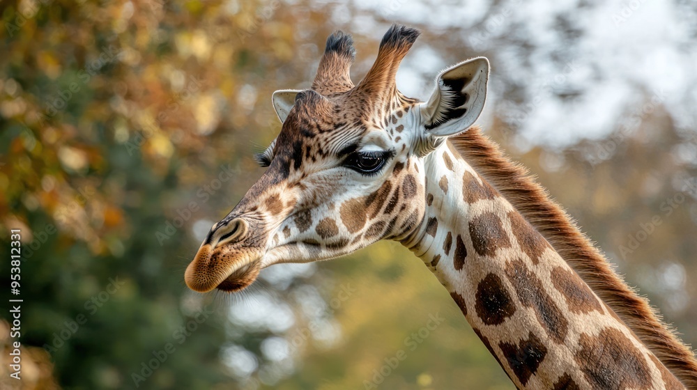 Obraz premium A close-up of a giraffeâ€™s head, showcasing its long neck and distinctive spots.