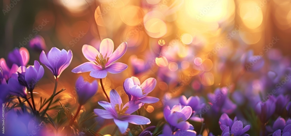 Purple Crocuses Blooming in the Sunset Purple Crocuses Blooming in the Sunset