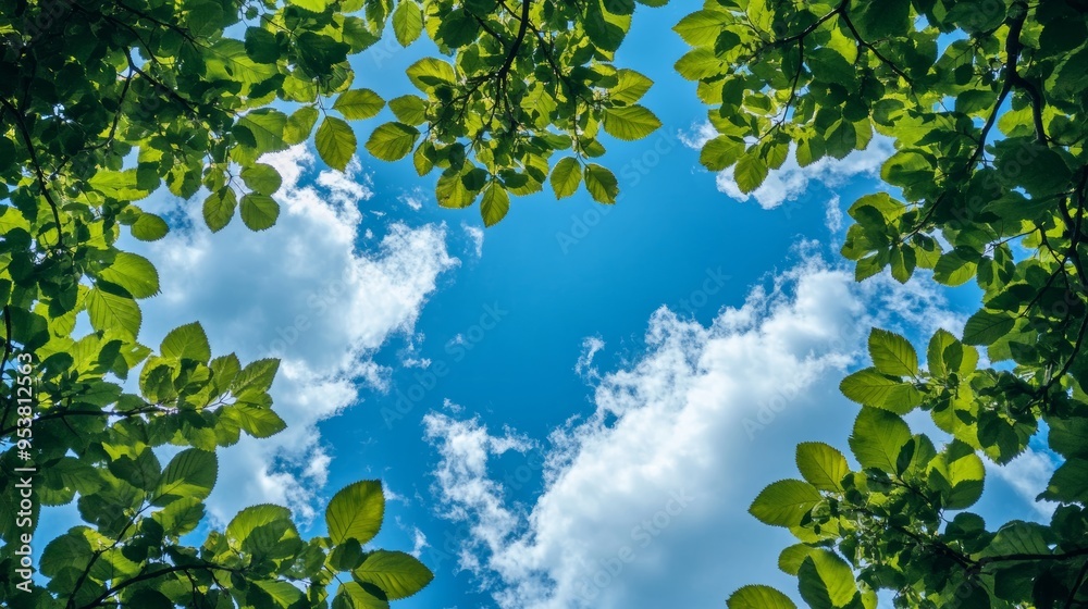 Panoramic View of Green Tree Leaves Against Blue Sky Generative AI Panoramic View of Green Tree Leaves Against Blue Sky Generative AI