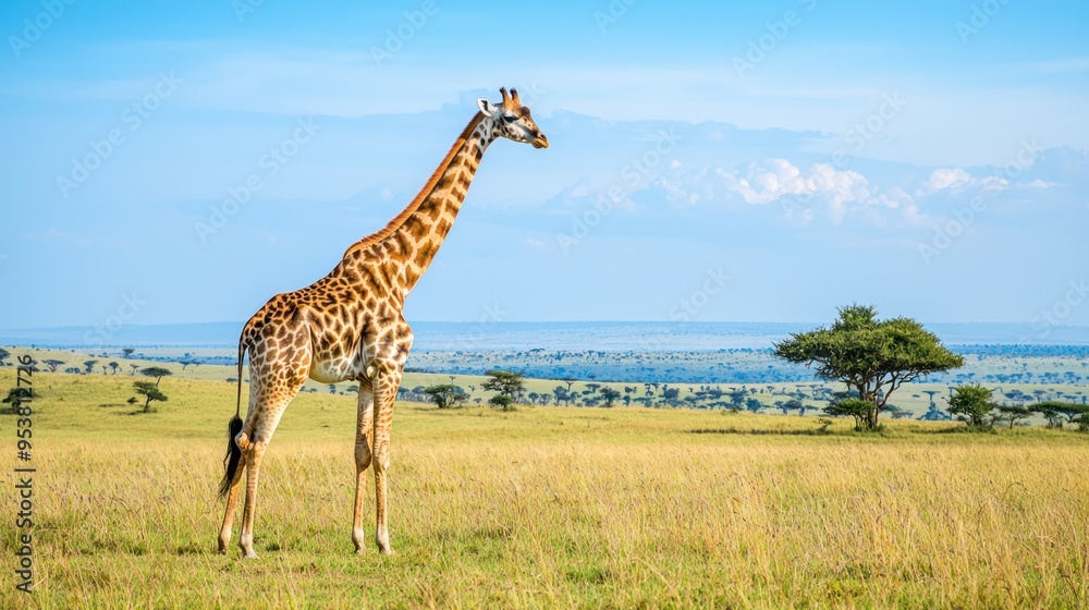 Obraz premium A giraffe grazing in the savannah with a wide expanse of grass and acacia trees in the background.
