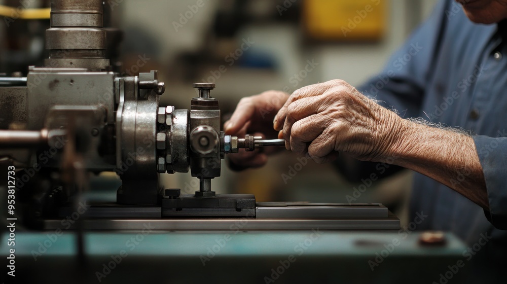 Close-up of Elderly Hands Adjusting a Machine Component Close-up of Elderly Hands Adjusting a Machine Component
