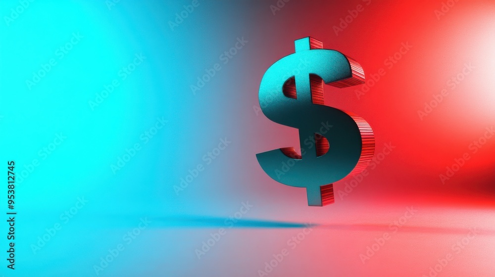 Fototapeta premium A bold dollar symbol highlighted by striking blue and red neon lighting, evoking a dynamic and modern feel.