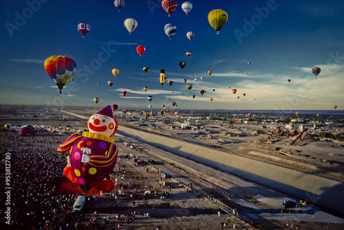 Albuquerque International Balloon Fiesta. Mass ascension. Aerial view, flood control channel, outskirts of the city. photo