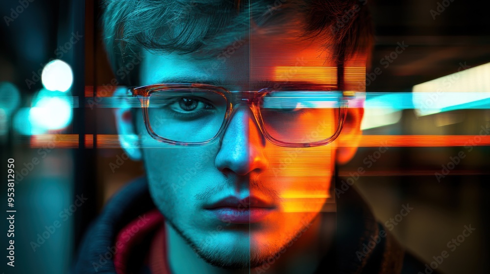 Close-up portrait of a man with glasses surrounded by neon lights, blending blue and orange hues for a futuristic vibe.