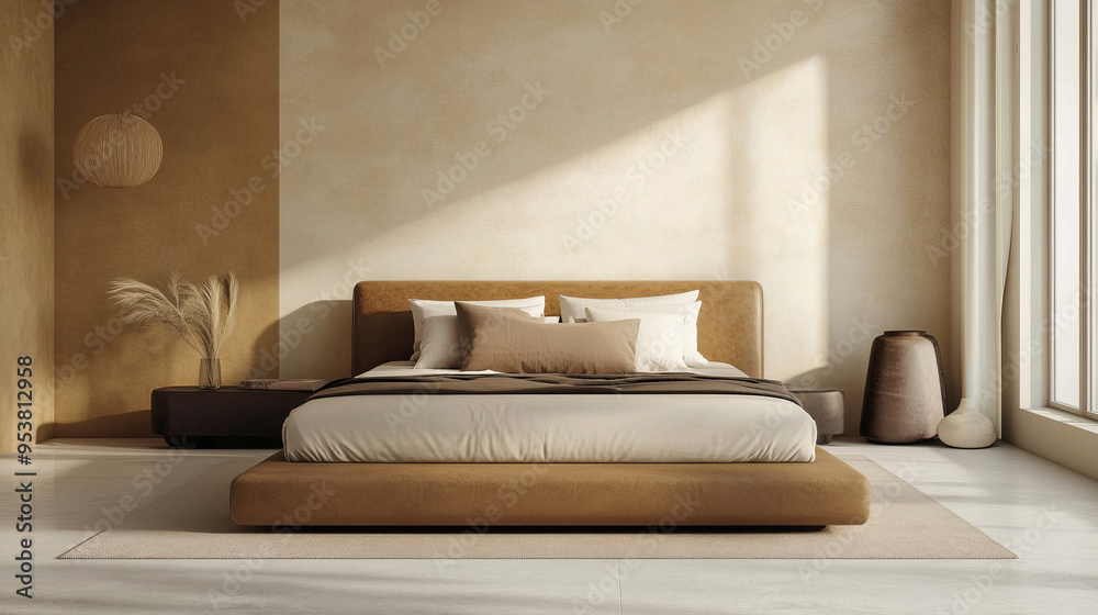 Fototapeta premium A bedroom with a large bed, a white wall, and two potted plants