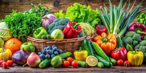 Vibrant assortment of fresh vegetables and fruits including bell peppers, lettuce, broccoli, tomatoes, and cucumbers arranged in a basket on a rustic wooden surface, showcasing colorful, healthy, orga photo