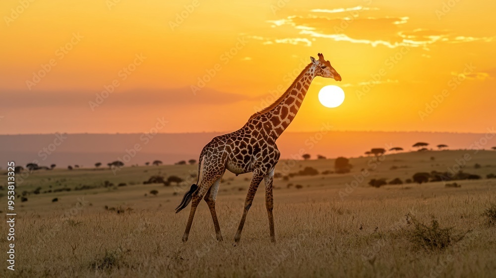 Obraz premium A giraffe walking gracefully across the plains during golden hour, with the sun setting in the background.