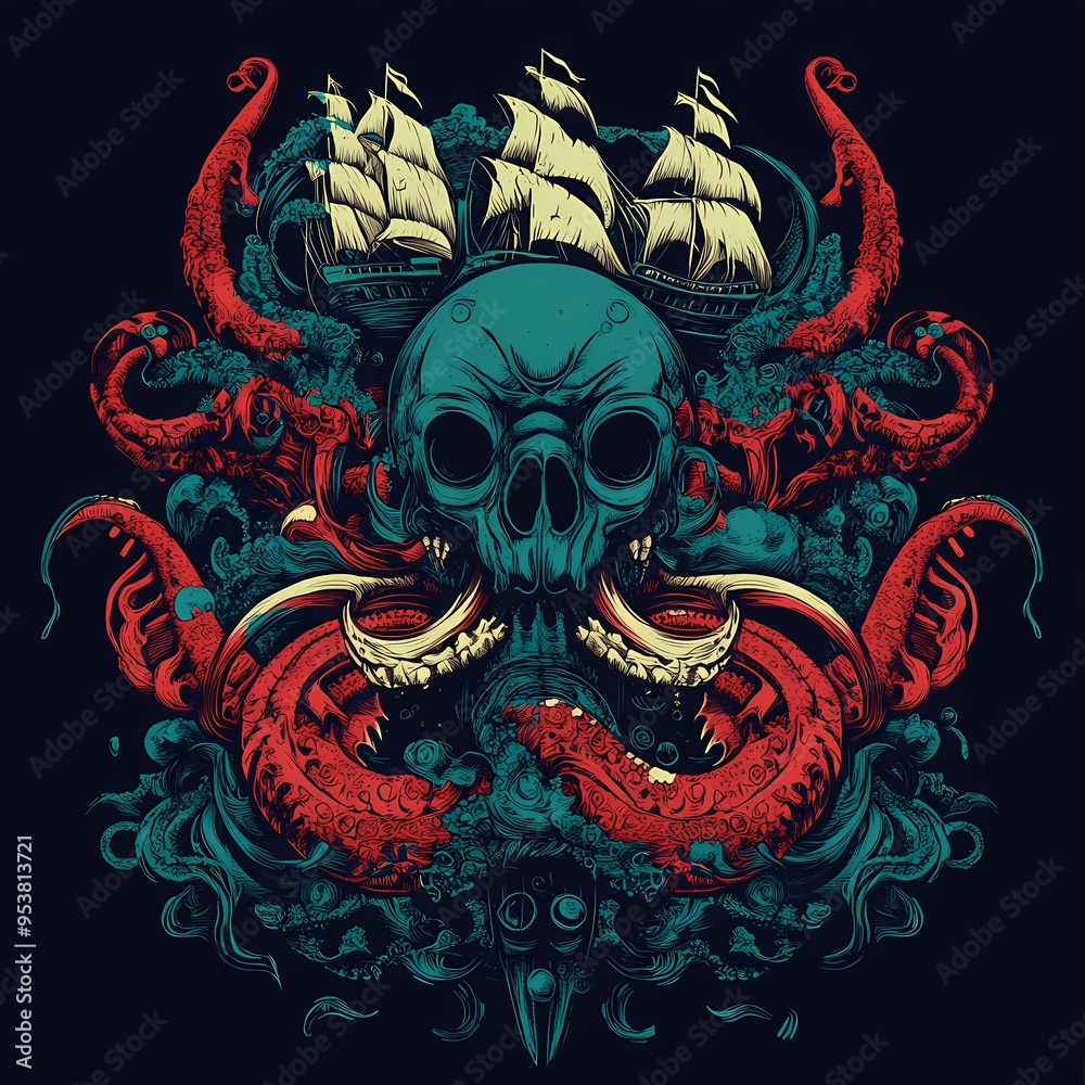 Obraz premium Skull Surrounded by Tentacles and Ship Sails