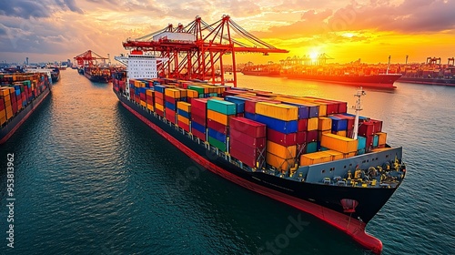 A vibrant cargo ship filled with colorful containers navigates through a harbor under a stunning sunset.