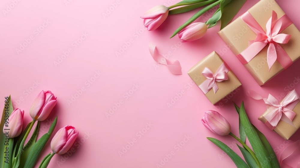 Mothers Day Gift Boxes with Tulips and Ribbon Bows on Pastel Pink Background, Perfect for Spring Celebrations Generative AI Mothers Day Gift Boxes with Tulips and Ribbon Bows on Pastel Pink Background, Perfect for Spring Celebrations Generative AI