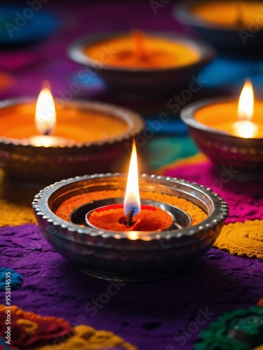 A traditional Diya oil lamp on a colorful Rangoli design celebrating Diwali.