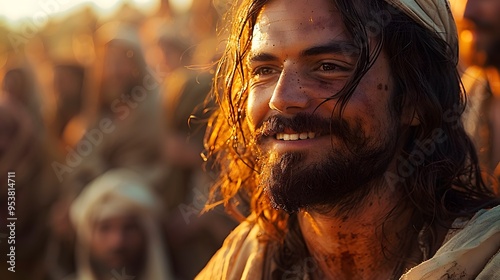 A powerful scene of a blind man experiencing the joy of sight for the first time, his face glowing with happiness, as Jesus stands beside him, smiling with compassion,