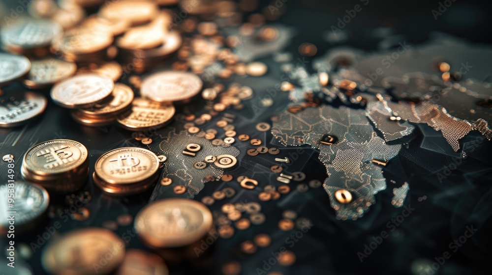 International currency exchange concept with world map and coins. International currency exchange concept with world map and coins.