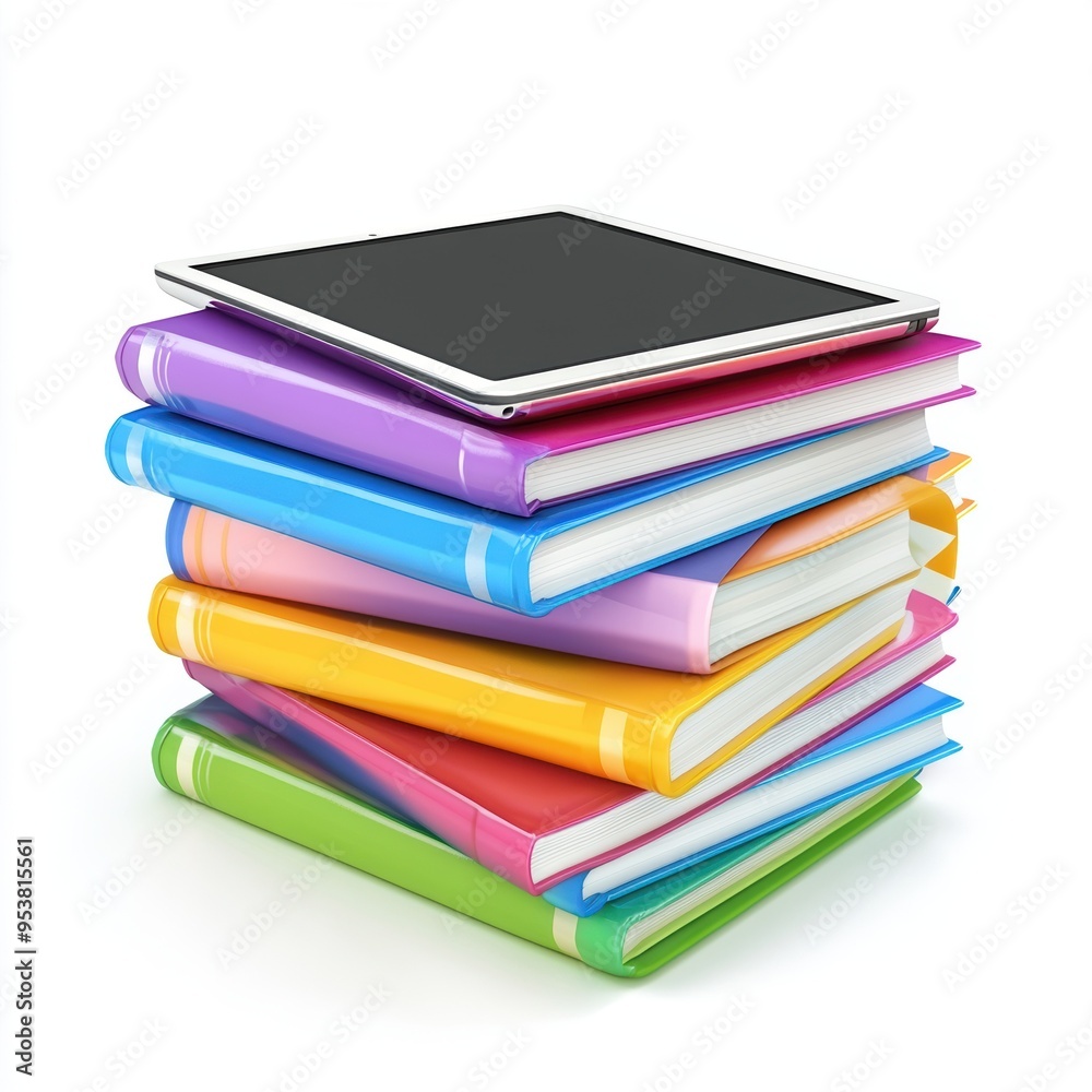 Stack of colorful textbooks with a tablet on top, symbolizing the blend of traditional learning and modern digital tools, isolated on a white background Stack of colorful textbooks with a tablet on top, symbolizing the blend of traditional learning and modern digital tools, isolated on a white background