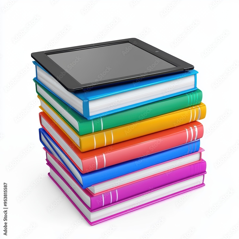 Stack of colorful textbooks with a tablet placed on top, representing the combination of traditional education and modern technology, isolated on a white background Stack of colorful textbooks with a tablet placed on top, representing the combination of traditional education and modern technology, isolated on a white background