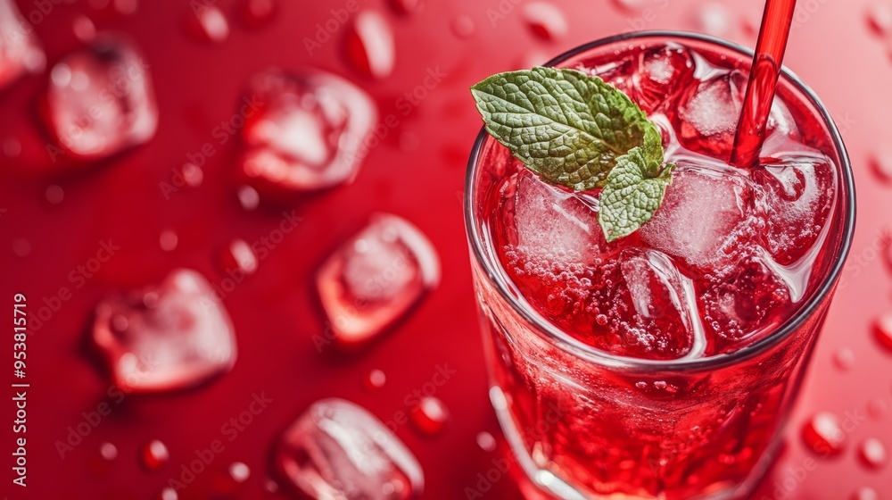 Refreshing Summer Drink with Mint and Ice on Red Background Generative AI Refreshing Summer Drink with Mint and Ice on Red Background Generative AI