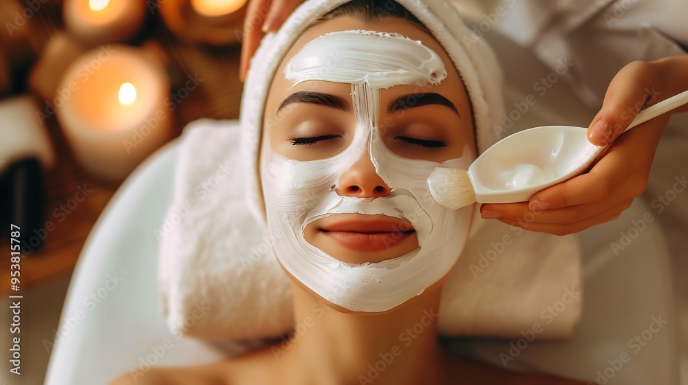 Woman Enjoying a Relaxing Facial Mask Application in Spa Woman Enjoying a Relaxing Facial Mask Application in Spa