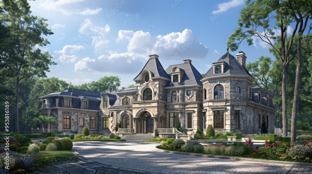 grand estate with a stately, traditional exterior, circular driveway, and extensive landscaping grand estate with a stately, traditional exterior, circular driveway, and extensive landscaping