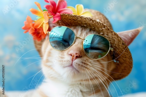 Bright-eyed cat wearing sunglasses in the summertime. Generative Ai