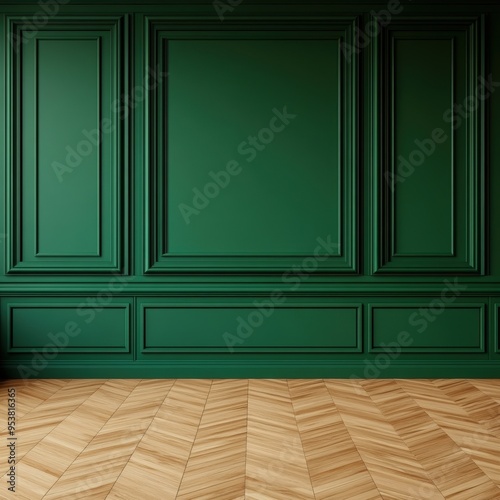 Elegant interior with an emerald green wall featuring classic molding and a herringbone parquet floor, showcasing a luxurious and timeless design concept