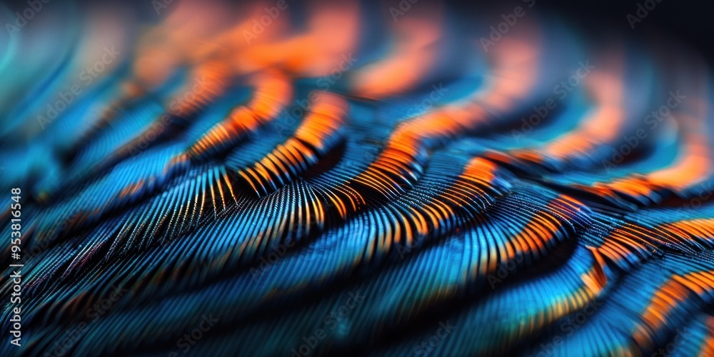 A macro photograph showcasing the intricate texture of a bird feather with blue and orange hues