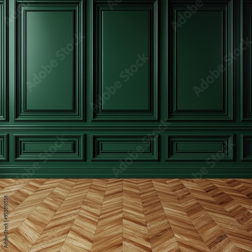 Luxurious interior with a deep emerald green wall featuring intricate molding and a herringbone parquet floor, emphasizing a refined and elegant design aesthetic