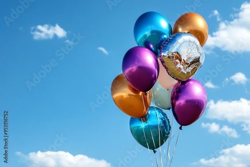 Balloon Helium Balloon, Multicolor, and Floating depicted in a vibrant scene where a cluster of multicolored helium balloons float gently above a party, adding a festive touch to the celebration photo