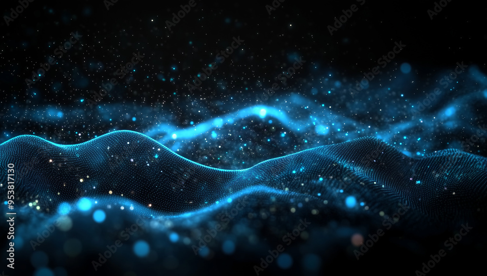 abstract blue digital background featuring glowing dots and waves of particles against a black space, representing an AI technology concept. abstract blue digital background featuring glowing dots and waves of particles against a black space, representing an AI technology concept.
