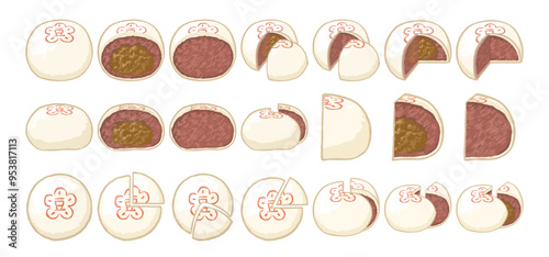 Illustration of traditional Chinese dim sum red bean buns